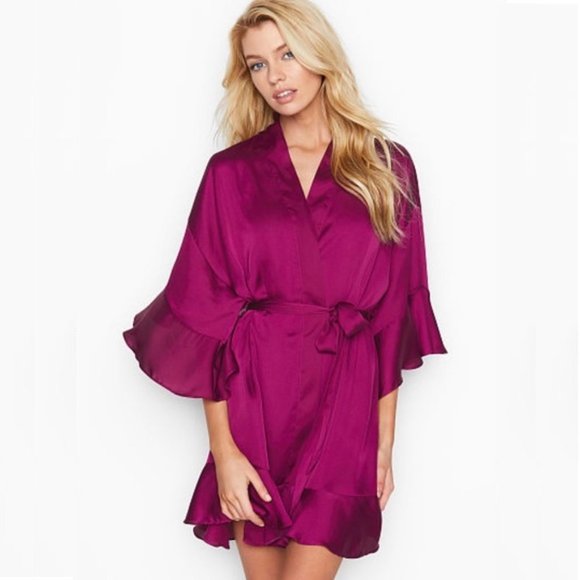 Victoria's Secret Other - VS Flounce Magenta Rose Satin Kimono Robe Sz XS/S